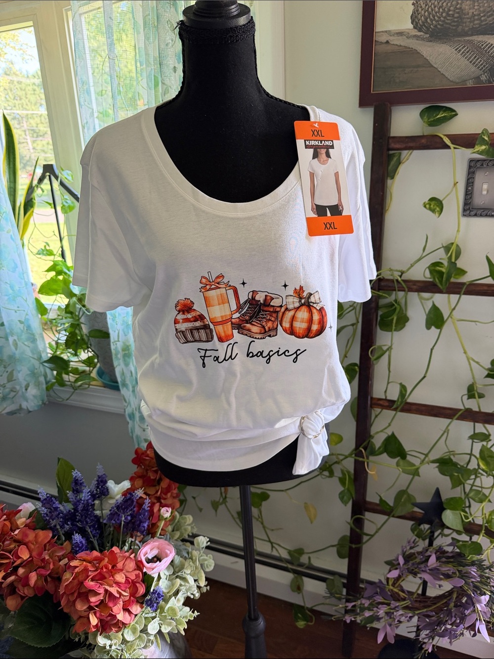 White Short Sleeve Tee with Fall Basics Graphic Will Fit XL